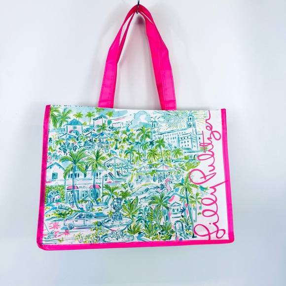 Lilly Pulitzer Palm Beach Breakers Reusable Tote Bag w insert pink, green - Picture 3 of 13